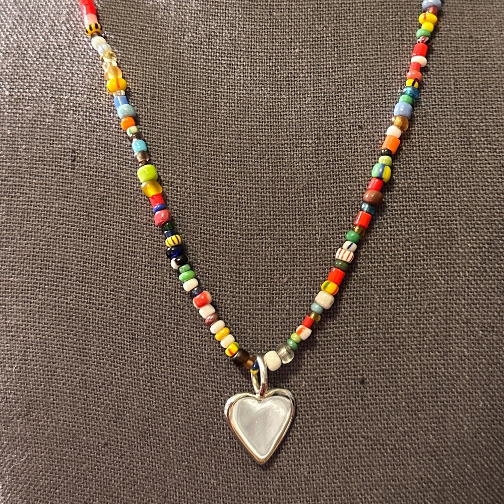 19” African Glass Bead Necklace with Sterling Silver Heart Charm * NEW *